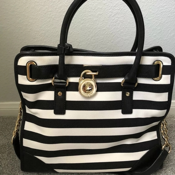 Michael Kors Large Hamilton Striped Bag Tote Black - Picture 3 of 7